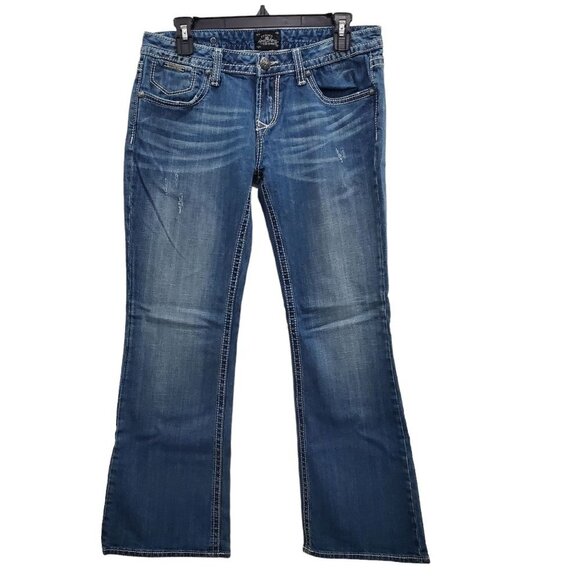 Rerock for Express Women's Medium Wash Low Rise‎ Embellished Bootcut Jeans Sz 29 - Picture 1 of 9
